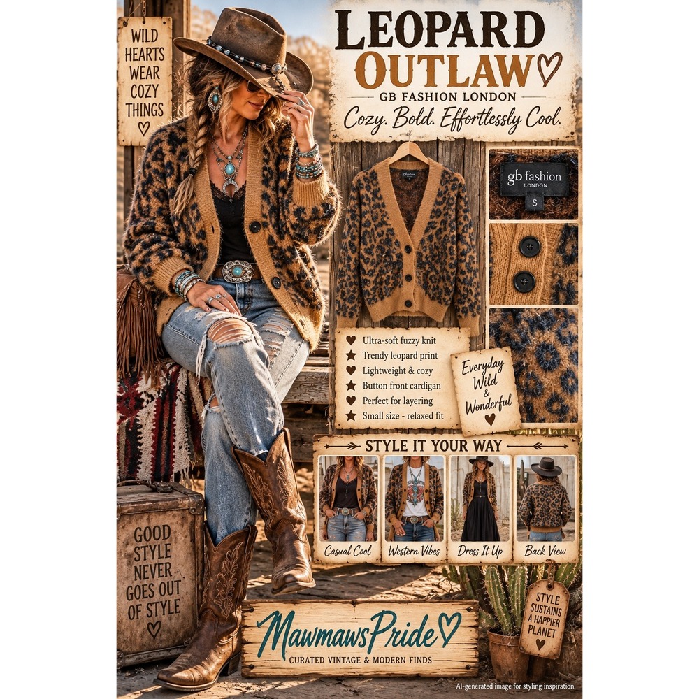 GB Fashion London Leopard Print Eyelash Knit Cardigan Sweater Brown Small